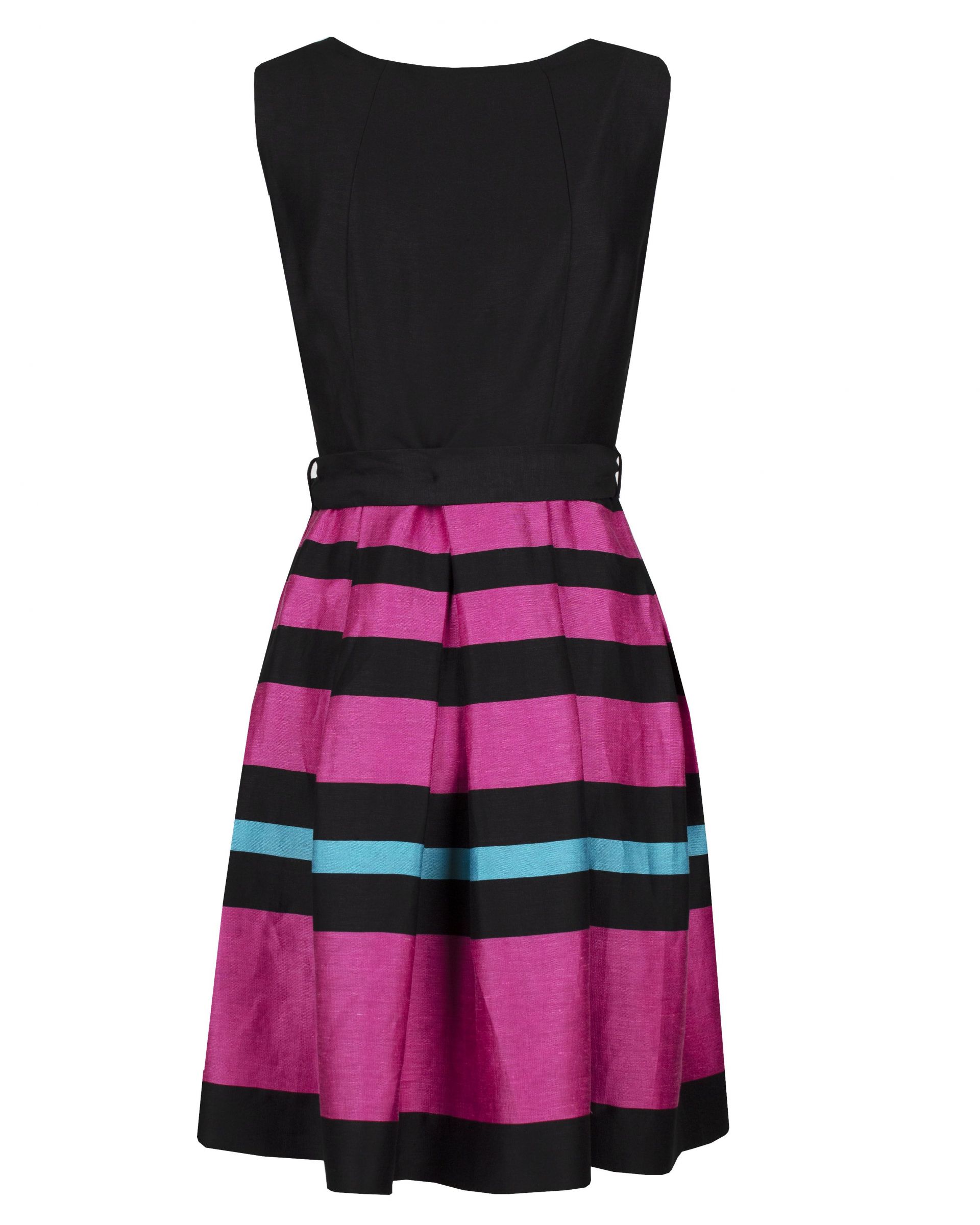 Sleeveless fit and flare dress with textile belt and stripes print, with linen, viscose and rayon 1